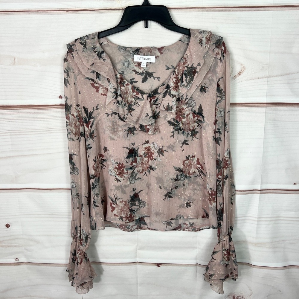 Intermix Top Womens Small Pink Floral Silk Blouse Ruffle Neck Flare Sleeve Lined